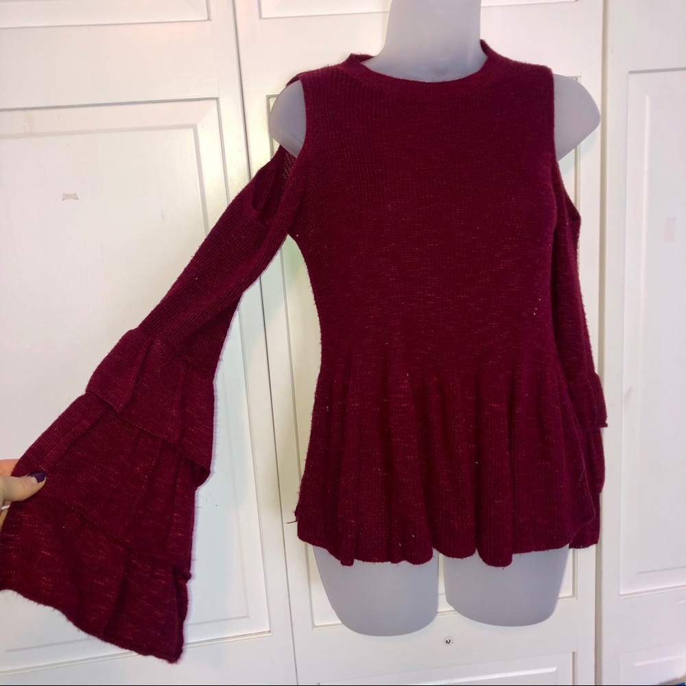 Cold Shoulder Ruffle Sweater Bell Sleeve Burgundy Valentine’s Day